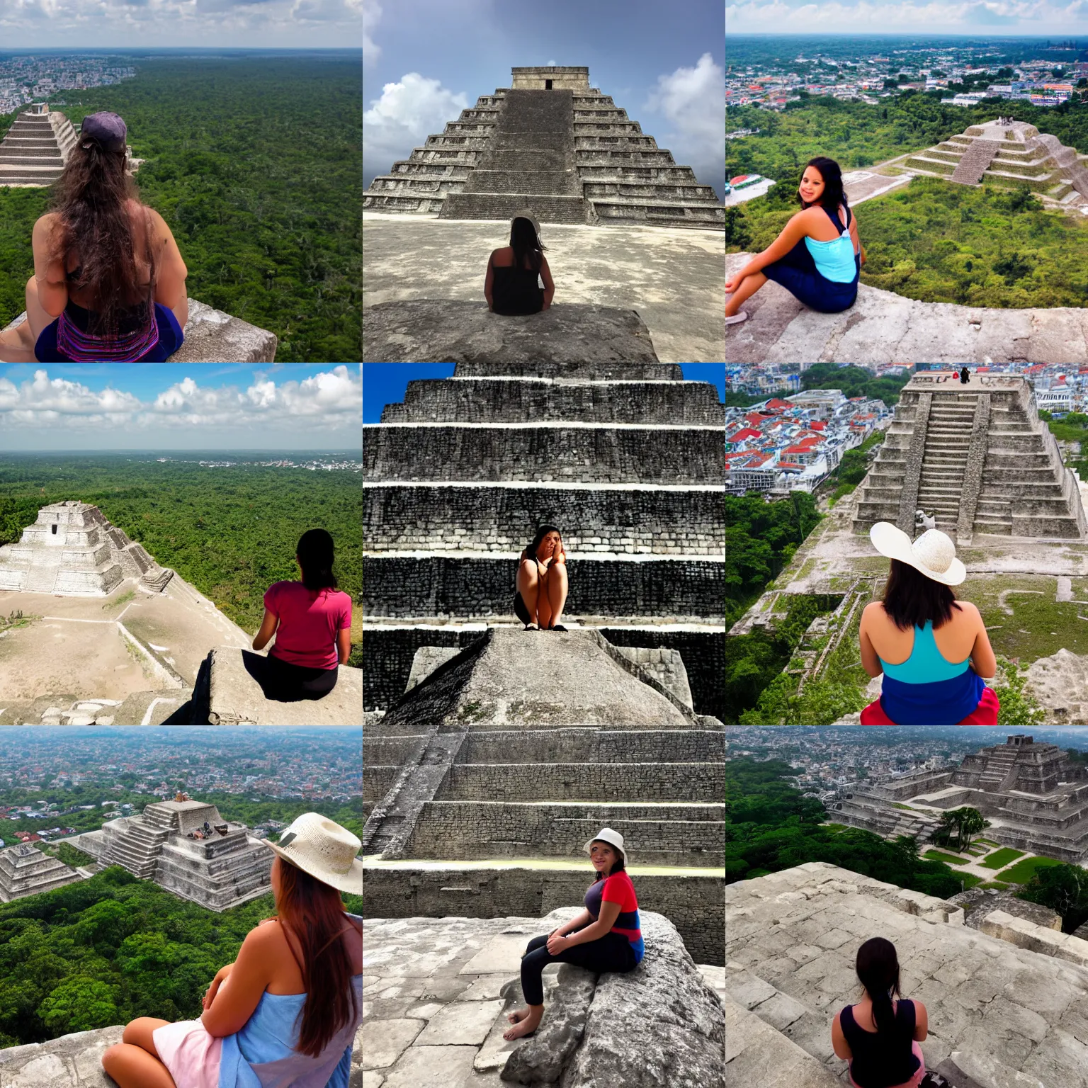 Prompt: young lady sits on top of a mayan pyramid looking down at the city below