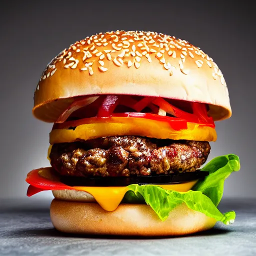 Image similar to close ups photo of a delicious cheeseburger with lots of toppings, studio lighting 5 0 mm photograph