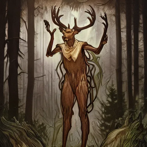 Prompt: anthropomorphic humanoid deer monster in a dark moonlit forest, horror, highly detailed, tall humanoid, human-like, whole body, by Alphonse Mucha, trending on artstation, 4k