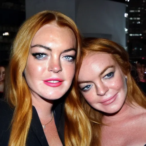 Image similar to Selfie photograph of Lindsay Lohan and Lindsay Lohan, golden hour, 8k,