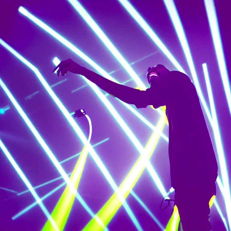 Image similar to rapper laughing into microphone, epic angle, profile view, silhouetted, distinct, psychedelic hip-hop, laser light show, beams of light