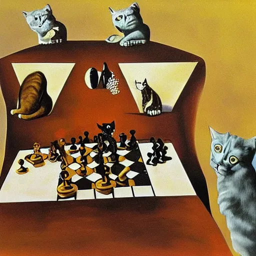 Prompt: dali surrealist painting of two cats playing chess