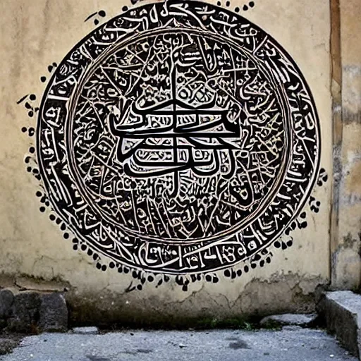 Image similar to arabic calligraphy, transylvanian folk art, in the style of graffiti, made by banksy