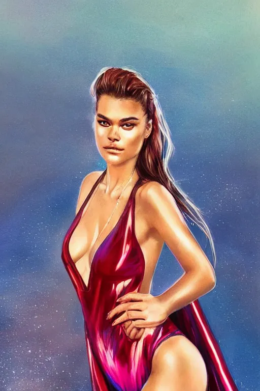 Prompt: beautiful elegant full body portrait of lexi rivera with color streaks in hair and wearing a sparkling cherry color one piece swimsuit and iridescent white silk cape, nina agdal, wlop, artgerm, artstation, backlit, water, reflective