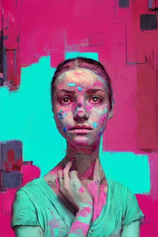 Prompt: portrait of a beautiful girl living in a postapoliptic forgotten world, she has seen war and has seen death, on her face you sadness and tears, in the colors hot pink and cyan, beautiful face, rule of thirds, complex outfit, spotlight, by greg rutkowski, by jeremy mann, by francoise nielly, by van gogh, digital painting