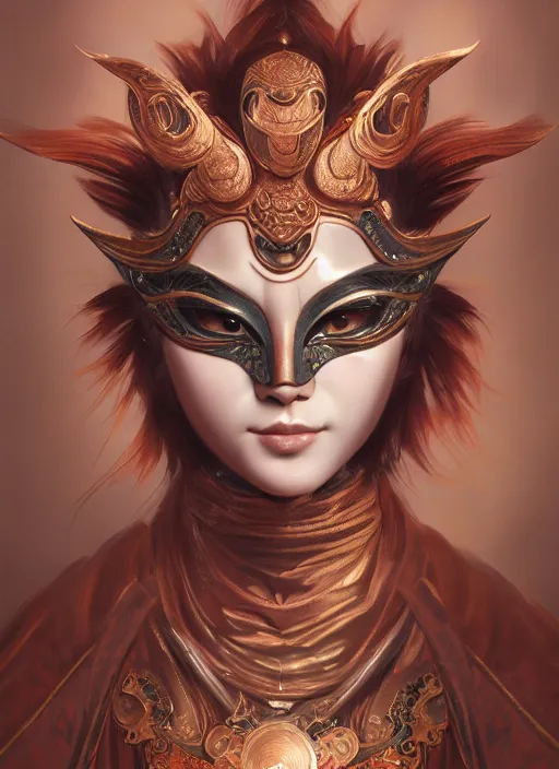 Image similar to a beautiful detailed oil on copper art illustration of a japanese basara mask woman, centered, by charlie bowater, zeng fanzh, trending on artstation, dim dusk lighting, cinematic lighting, detailed lighting, volumetric lighting, realistic, f 8, 4 k hd wallpaper