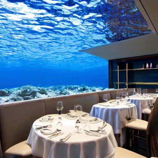 Prompt: michelin star restaurant interior, kitchen pass an underwater view of pristine seas