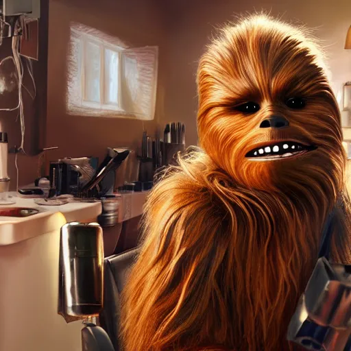 Image similar to chewbacca getting his hair cut at the barber, painting, 8k, artstation, hyperrealistic, extreme details