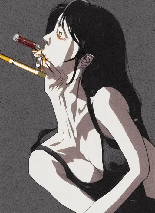 Image similar to portrait of a beautiful girl smoking a cigarette, by takehiko inoue and kim jung gi and hiroya oku, masterpiece illustration, ultrarealistic!!!!!!!!!, perfect face and anatomy, golden ratio