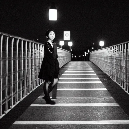 Image similar to black and white photo full shot of beautiful Japanese women with perfect eyes and simetrical face, standing on the bridge at night, shot by Akira Kurosawa perfect cinematic light, 8k, highl details, sharp focus