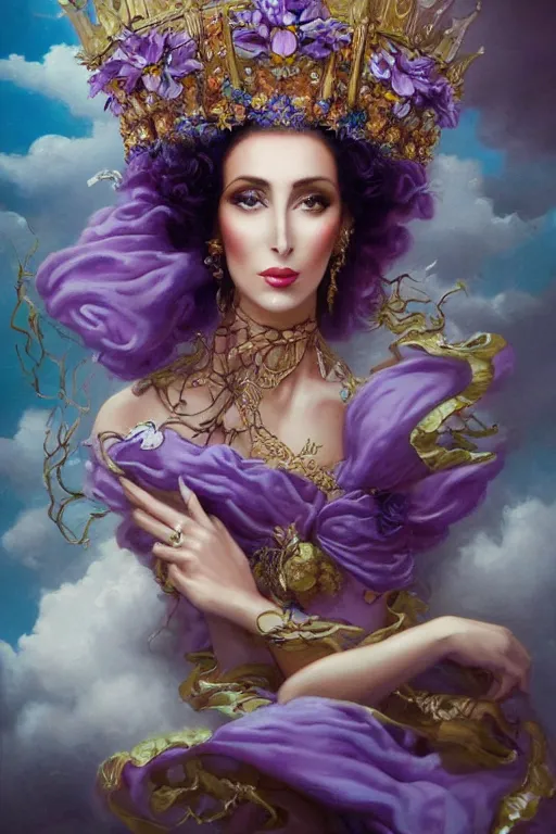 Image similar to closeup portrait fine art photo of the beauty cher, she has a crown of stunning flowers and dress of purple satin and gemstones, background full of stormy clouds, by peter mohrbacher