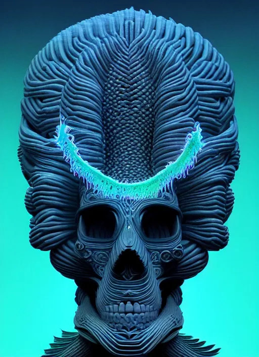 Image similar to 3 d goddess profile portrait, sigma 5 0 0 mm f / 5. beautiful intricate highly detailed quetzalcoatl skull and feathers. bioluminescent, plasma, lava, ice, water, wind, creature, thunderstorm! artwork by tooth wu and wlop and beeple and greg rutkowski, 8 k trending on artstation,