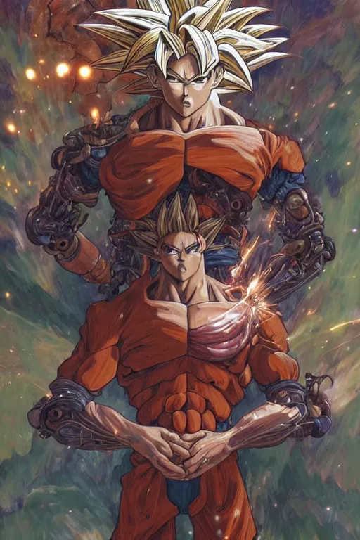 Image similar to goku as a organic cyborg, diffuse lighting, fantasy, intricate, elegant, highly detailed, lifelike, photorealistic, digital painting, illustration, concept art, smooth, sharp focus, art by john collier and albert aublet and krenz cushart and artem demura and alphonse mucha