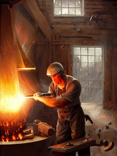 Image similar to a blacksmith striking a hammer in its anvil. working at his forge. intricate, elegant, highly detailed, digital painting, artstation, cinematic shot, concept art, sharp focus, illustration, by justin gerard and artgerm 8 k