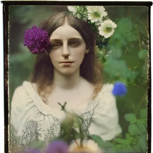 Image similar to portrait photograph of a very beautiful female model. symetric face. in a garden. flowers. autochrome Louis Lumières. detailed eyes. medium shot