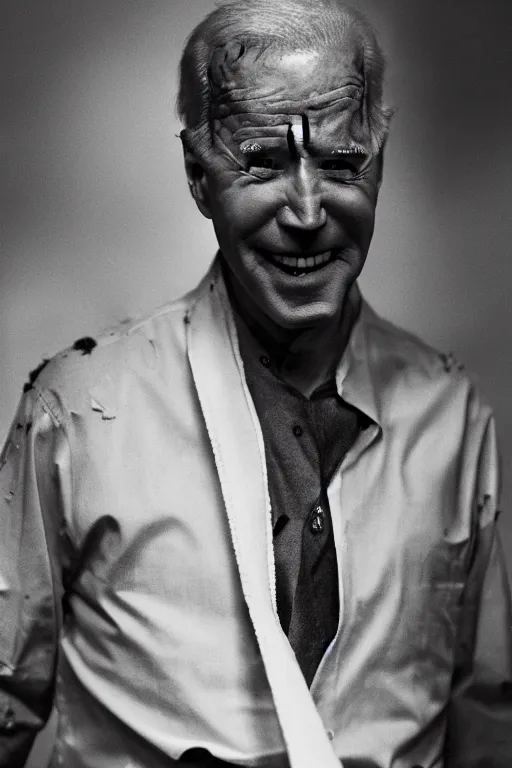 Image similar to Joe Biden with tattered clothes covered in scars holding a katana, dynamic pose, full body portrait, photograph