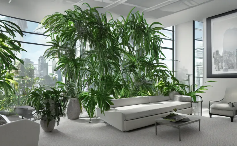 Prompt: empty room architecturaldigest interior, big widescren tv screen in the middle, tropical indoor plants, open shiny floor, v - ray render, high contras