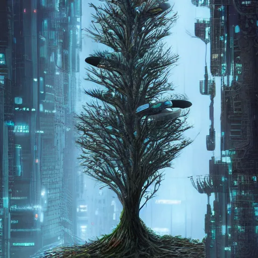 Image similar to hat tree, aatree that is growing hats, highly detailed, illustration, sci - fi art, cyberpunk, epic, realistic, intricate, hyper detailed, artstation, concept art, smooth, sharp focus, ray tracing