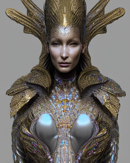 Image similar to a highly detailed metahuman 4 k close up render of an alien goddess bella hadid monument in iris van herpen armor schiaparelli in diamonds crystals swarovski and jewelry iridescent in style of alphonse mucha gustav klimt trending on artstation made in unreal engine 4