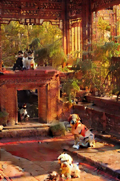 Prompt: A dog sitting in an asian palace, painting by Gaston Bussiere, Craig Mullins