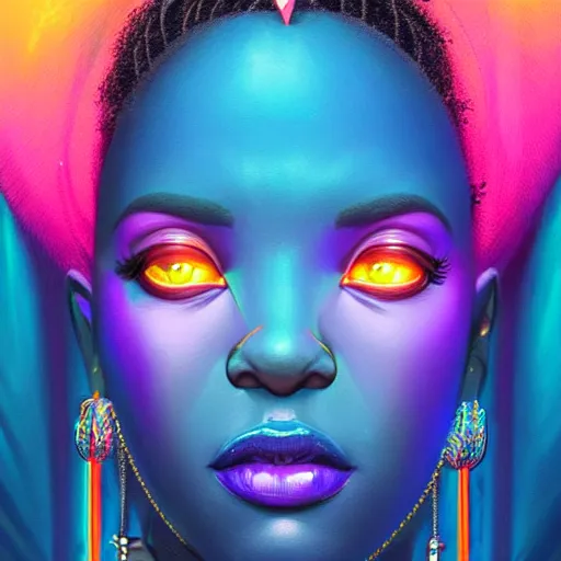 Prompt: african bbw neon queen, science fiction, highly detailed, digital painting, beautiful eyes, symmetry, concept art, sharp focus, volumetric lighting, illustration, global illumination, radiant light, synthwave colors, detailed and intricate environment, art by artgerm and greg rutkowski and magali villeneuve and ilya kuvshinov!