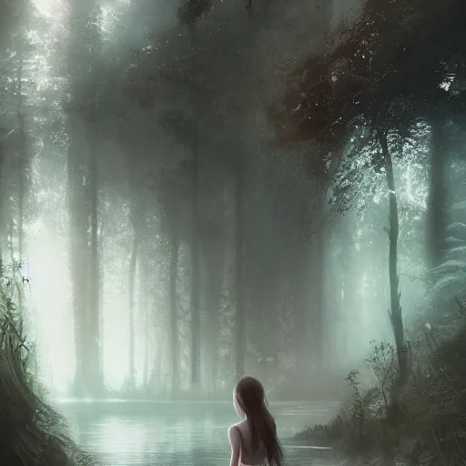 Prompt: forest child in a river, leesha hannigan, ross tran, fantasy, light, highly detailed faces, artwork, fog, forest