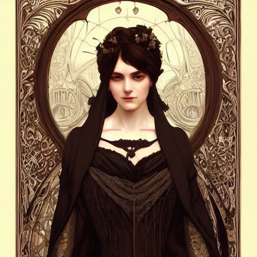 Image similar to portrait of victorian gothic lady, intricate, elegant, highly detailed, digital painting, artstation, concept art, smooth, sharp focus, illustration, art by artgerm and greg rutkowski and alphonse mucha and william - adolphe bouguereau