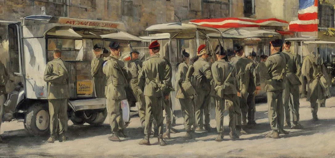 Prompt: painting of sad soldiers standing by a 1 9 8 0 s english ice cream van by emile friant