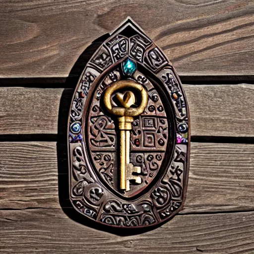 Image similar to a large ornate key with gems and engraved runes, on a wooden dungeon table, d & d, photo