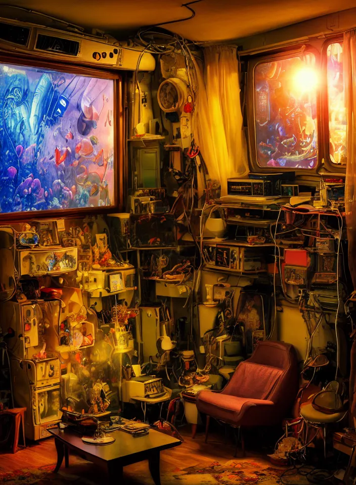 Prompt: telephoto 7 0 mm f / 2. 8 iso 2 0 0 photograph depicting the feeling of chrysalism in a cosy cluttered french sci - fi ( ( art nouveau ) ) cyberpunk apartment in a dreamstate art cinema style. ( ( computer screens, sink ( ( ( fish tank ) ) ) ) ), ambient light.