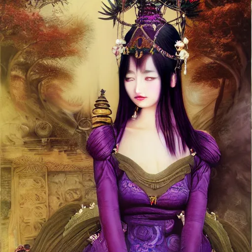 Prompt: photorealistic soft paint of absurdities and curiosities, single very beautiful asian princess full long dress, ultra deep fog, purple black lustrous thin haircut, partial symmetry accurate features, focus, very intricate ultrafine details, award winning masterpiece, steampunk world, rudolf freund