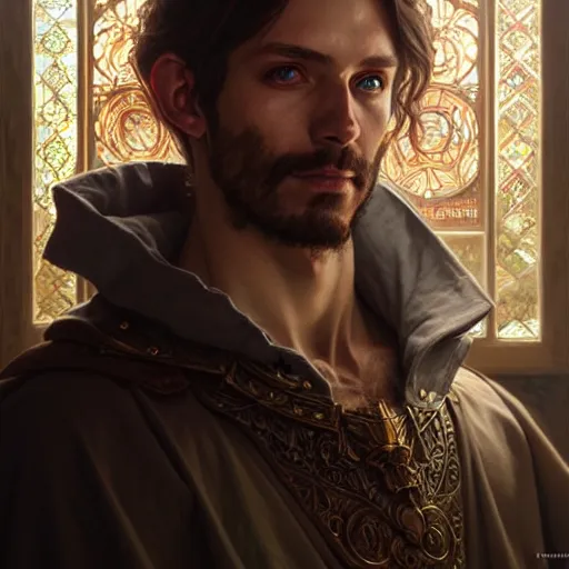 Prompt: portrait painting of a d & d male cleric, ultra realistic, concept art, intricate details, eerie, highly detailed, photorealistic, octane render, 8 k, unreal engine. art by artgerm and greg rutkowski and charlie bowater and magali villeneuve and alphonse mucha