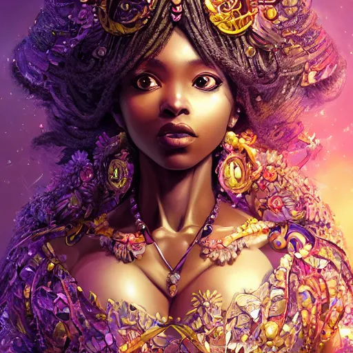 Image similar to the portrait of the absurdly beautiful, graceful, elegant, gorgeous, sensual black young anime goddess made of crystals, an ultrafine hyperdetailed illustration by kim jung gi, irakli nadar, intricate linework, bright colors, octopath traveler, final fantasy, unreal engine 5 highly rendered, global illumination, radiant light, intricate environment