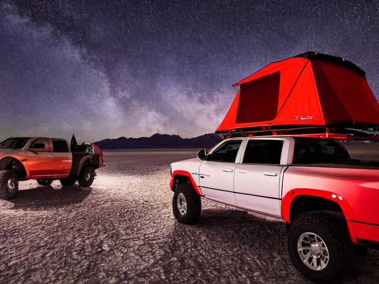 Image similar to dodge ram red power wagon with a roof top tent camping on wet salt flats at night, reflections, long exposure, milky way, award winning, cinematic, Vikram Thomas, 4K