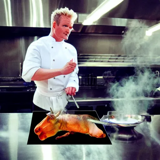 Image similar to hyper real Gordon Ramsey cooking a unicorn in kitchen 4k