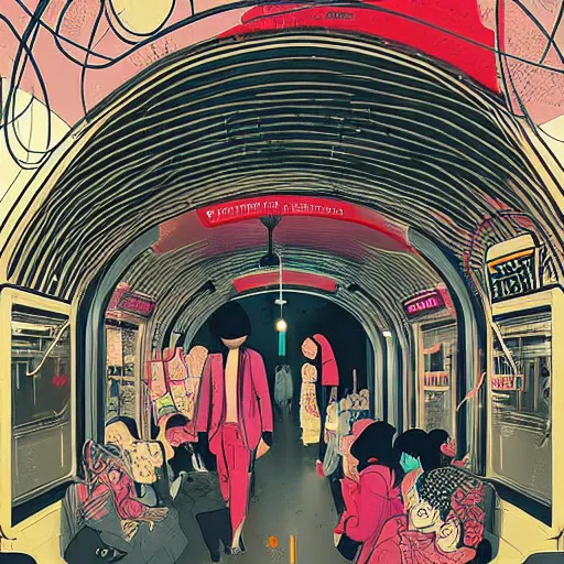 Prompt: parisian subway, illustration by victo ngai