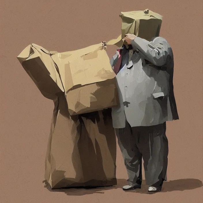 Image similar to melted old fat man portrait with a paper bag over the head, in paper bag clothing, holding a stack of paper bags, highly detailed, artstation, art by ian mcque, ilya kuvshinov, zdislav beksinski, wayne barlowe, edward hopper