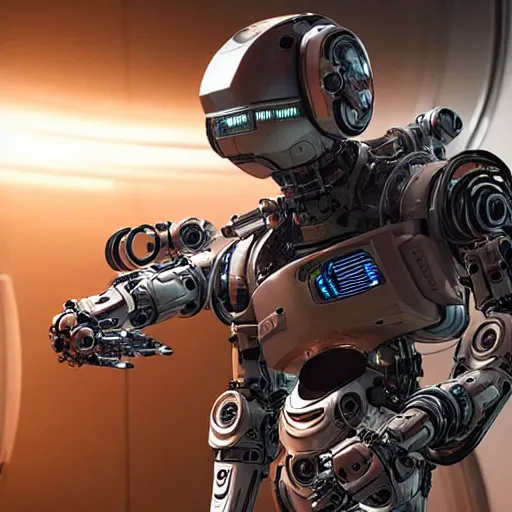 Image similar to lost in space robot, biomechanical mecha chappie, cyberpunk, futuristic, cybernetic, advanced modern vfx, 2 0 2 1 release, screenshot, still