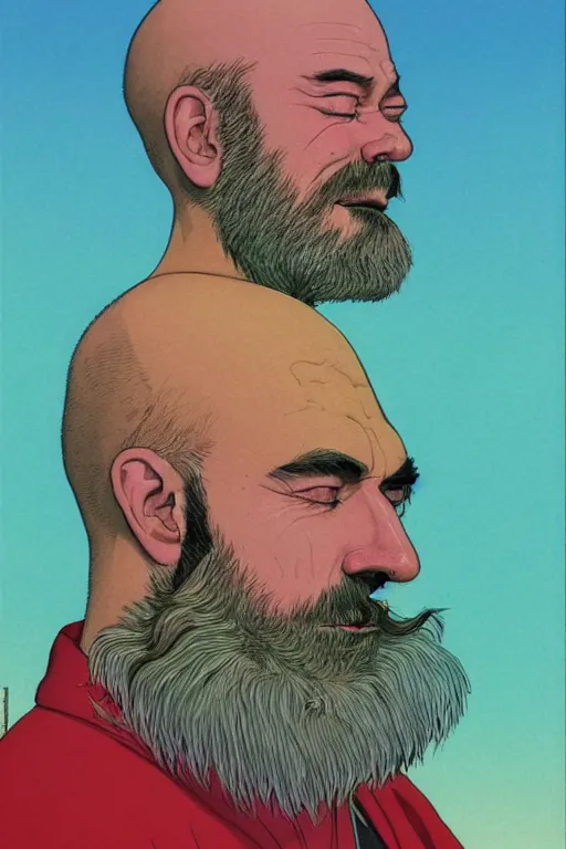 Image similar to a colorful closeup portrait of a handsome bald man with a very long wild beard dreaming psychedelic hallucinations in the vast icy landscape of antarctica, by kawase hasui, moebius and edward hopper, colorful flat surreal design, hd, 8 k, artstation