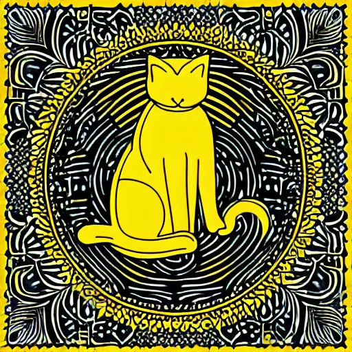 Image similar to tattoo sketch of a cat hugging the sun, on a yellow paper, uzbekistan ornament, line art, vector