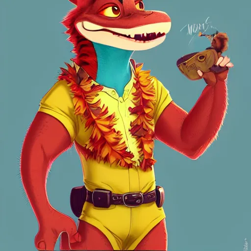 Image similar to in the style of artgerm, loish and ross tran, anthropomorphic alligator, red scales on his back, yellow scale on his belly and chest, male, waring a hawaiian shirt, in the style of zootopia