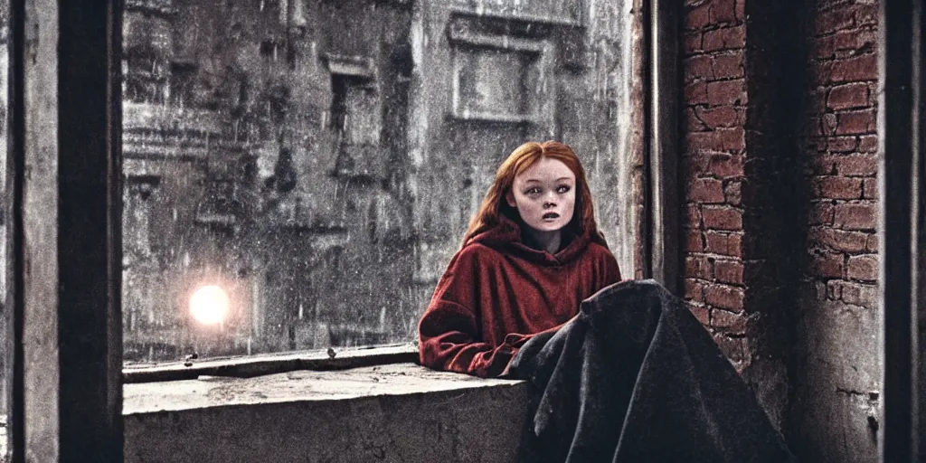 Image similar to at night, sadie sink in hoodie sits on windowsill, knees tucked in. rain falls, old brick wall with ussr propaganda posters : 1 6 mm film, anamorphic, single long shot from schindler's list by steven spielberg. cyberpunk, cinematic atmosphere, detailed and intricate, perfect anatomy