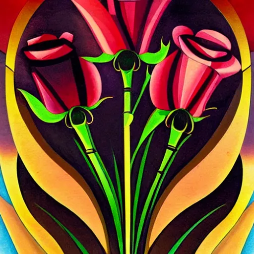 Image similar to an art deco painting of a rose, by joseph stella, synthwave, behance contest winner, crystal cubism, digital illustration