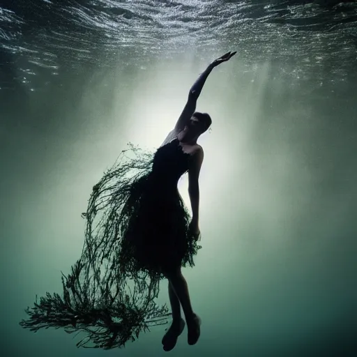 Image similar to woman dancing underwater wearing a dress made of seaweed that is flowing in the current, lighting with caustics from sunlight, cinematic, photorealistic