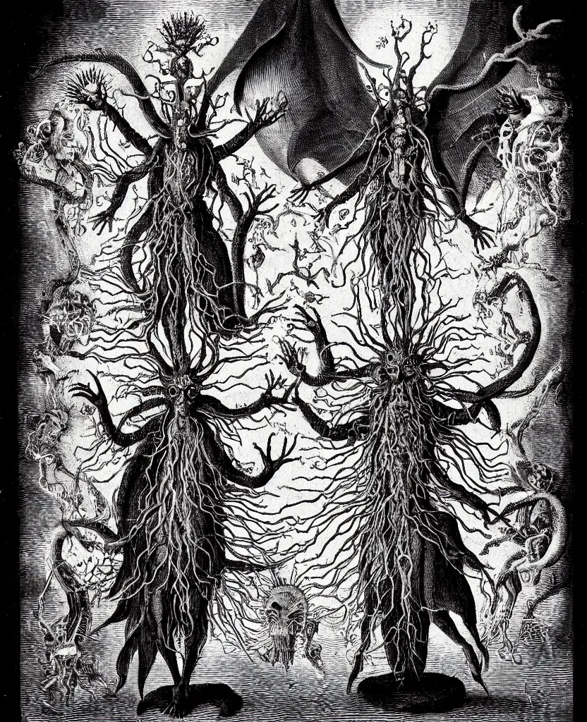 Image similar to fiery freaky creature sings a unique canto about'as above so below'being ignited by the spirit of haeckel and robert fludd, breakthrough is iminent, glory be to the magic within