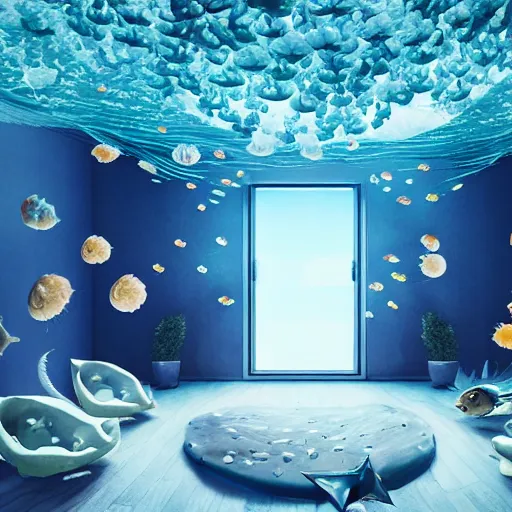 Image similar to photo of the modern fashionable room as aquarium with a chandelier as a big jellyfish, beautiful corals on the walls and dangerous sharks on the big panoramic window, realism, sharp details, cinematic, a lot of gleans, under the ocean, realistic colors, realistic shadows, daylight by beeple