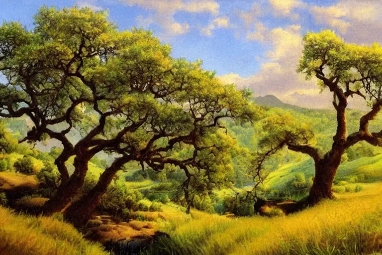 Image similar to masterpiece painting of oak trees on a hillside overlooking a creek, dramatic lighting, by marc davis