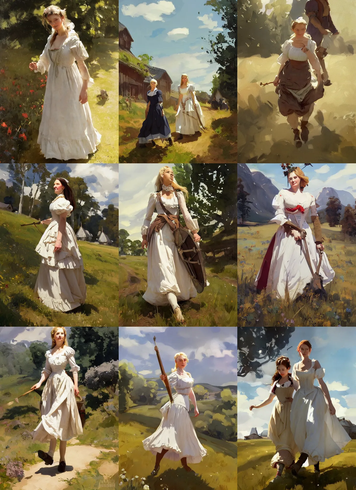 Prompt: finnish norway scandinavian attractive village maiden wearing 1 8 th century bodice walking in the field, jodhpurs greg manchess painting by sargent and leyendecker, studio ghibli, fantasy, medium shot, asymmetrical, intricate, elegant, matte painting, illustration, hearthstone, by greg rutkowski, by greg tocchini, by james gilleard, by joe fenton