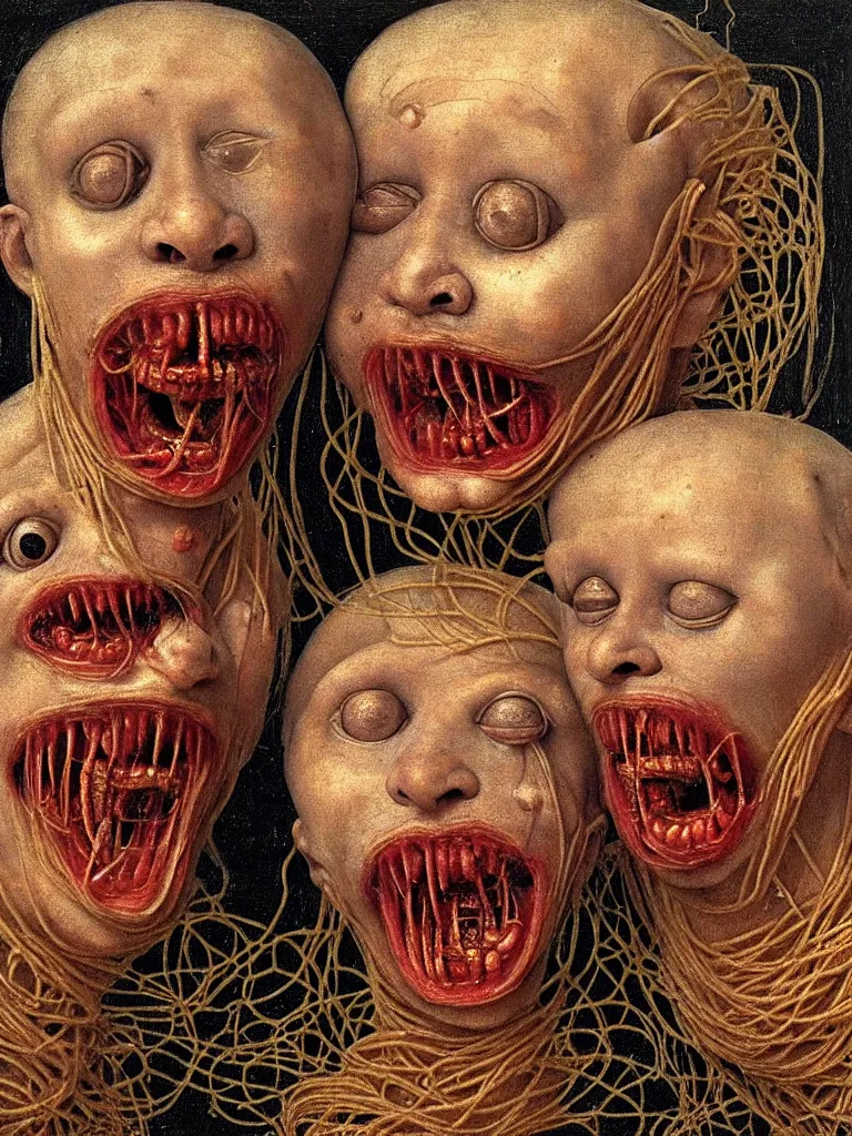 Prompt: siamese twins made of spaghetti, looking straight into camera, screaming in desperation, by giuseppe arcimboldo and ambrosius benson, renaissance, intricate and intense oil paint, a touch of joseph cornell, beksinski and hr giger and edward munch, realistic