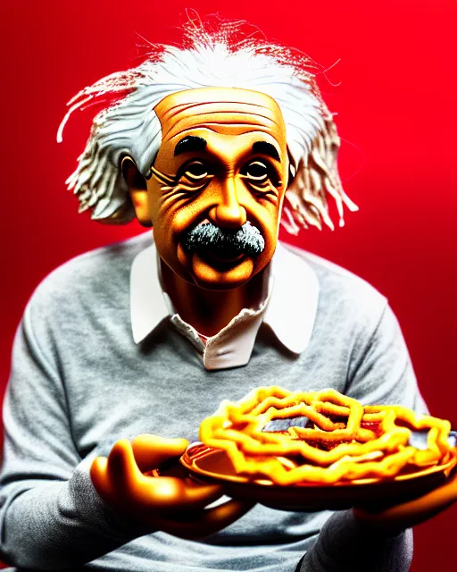 Image similar to A photo of Albert Einstein eating jalebi, highly detailed, trending on artstation, bokeh, 90mm, f/1.4